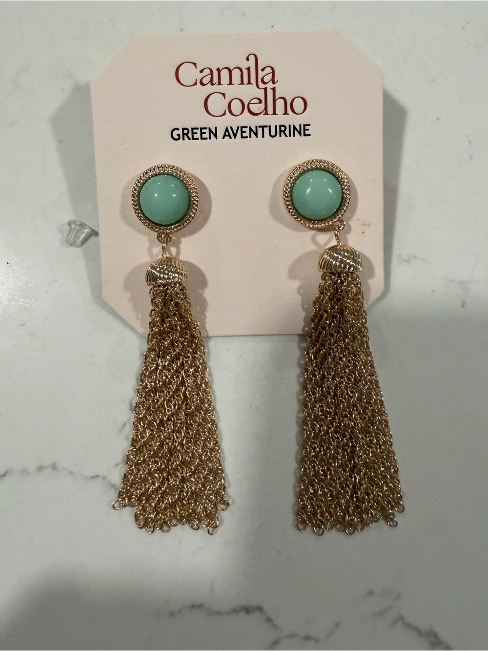 Camila Coelho Mint Green Aventurine Gold Chain Tassel Earrings